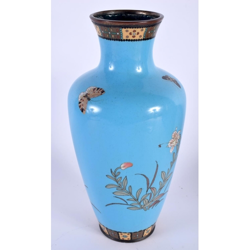 2041 - A 19TH CENTURY JAPANESE MEIJI PERIOD CLOISONNE ENAMEL VASE decorated with birds upon a blue ground. ... 