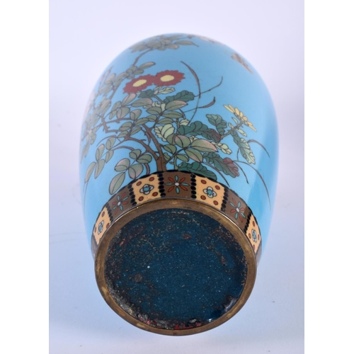 2041 - A 19TH CENTURY JAPANESE MEIJI PERIOD CLOISONNE ENAMEL VASE decorated with birds upon a blue ground. ... 