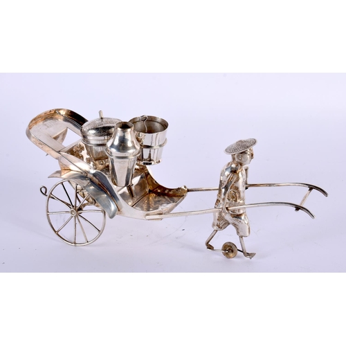 2043 - A LATE 19TH CENTURY CHINESE EXPORT SILVER CRUET SET formed as a male pulling a rickshaw. 183 grams. ... 