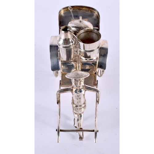 2043 - A LATE 19TH CENTURY CHINESE EXPORT SILVER CRUET SET formed as a male pulling a rickshaw. 183 grams. ... 