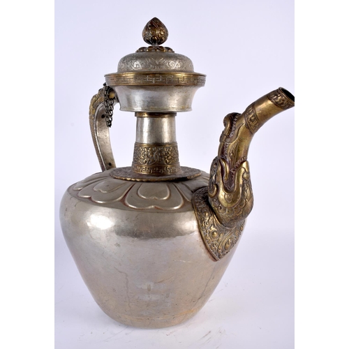 2050 - A LARGE 18TH/19TH CENTURY TIBETAN MIXED METAL BRONZE EWER decorated with dragon mask heads, the rim ... 