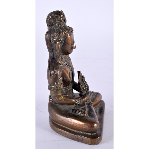 2051 - A GOOD 18TH CENTURY TIBETAN NEPALESE BRONZE FIGURE OF A SEATED BUDDHA modelled holding a stupa, upon... 