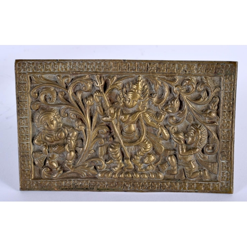 2052 - A 19TH CENTURY INDIAN TIBETAN BRONZE RECTANGULAR PLAQUE together with a Tibetan bronze stupa head. L... 