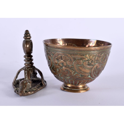 2068 - AN 18TH/19TH CENTURY TIBETAN COPPER ALLOY REPOUSSE TEABOWL together with a similar Tibetan scorpion ... 