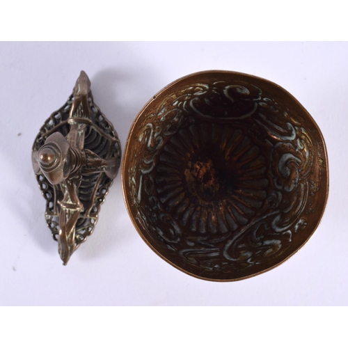 2068 - AN 18TH/19TH CENTURY TIBETAN COPPER ALLOY REPOUSSE TEABOWL together with a similar Tibetan scorpion ... 