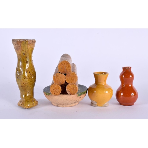 2076 - TWO CHINESE CHINESE MING DYNASTY YELLOW GLAZED SCHOLARS OBJECTS together with two later miniature Qi... 