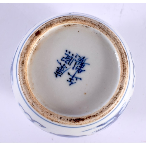 2078 - A 19TH CENTURY CHINESE BLUE AND WHITE PORCELAIN JARLET bearing Kangxi marks to base. 9 cm x 7cm.