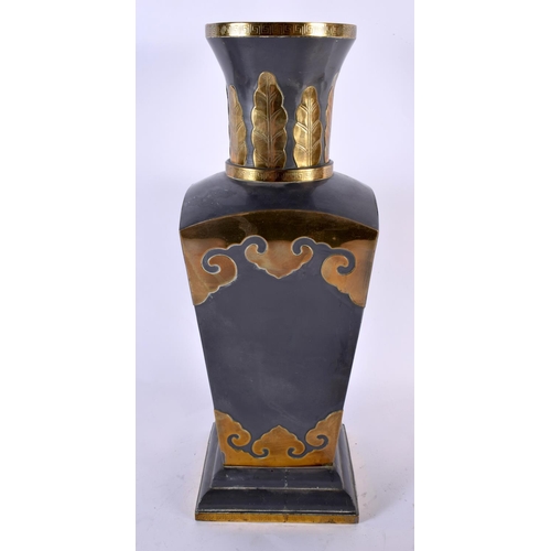 2095 - A LARGE LATE 19TH CENTURY CHINESE PEWTER AND BRASS BOUND VASE Late Qing. 42 cm x 15cm.