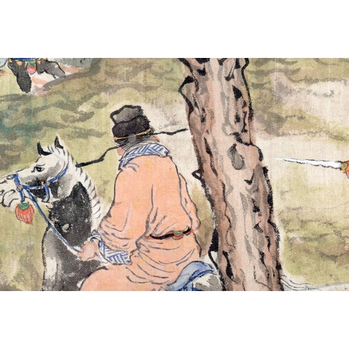 2098 - Chinese School (19th Century) Watercolour on silk, Warriors within a landscape. 52 cm x 40 cm.