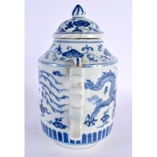 2114 - A CHINESE BLUE AND WHITE PORCELAIN TEAPOT AND COVER 20th Century. 22cm high.