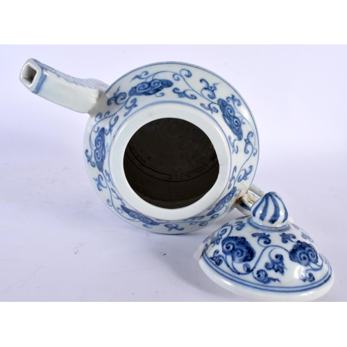 2114 - A CHINESE BLUE AND WHITE PORCELAIN TEAPOT AND COVER 20th Century. 22cm high.