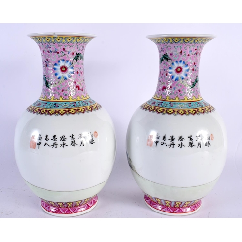 2126 - A PAIR OF CHINESE REPUBLICAN PERIOD FAMILLE ROSE PORCELAIN VASES painted with figures in landscapes.... 