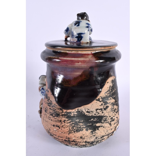 2129 - AN UNUSUAL LATE 19TH CENTURY JAPANESE MEIJI PERIOD TOBACCO JAR AND COVER together with a Meiji perio... 