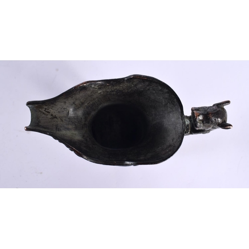 2143 - A CHINESE QING DYNASTY BRONZE JUE WINE VESSEL decorated with dragons and beasts. 14cm x 10 cm.