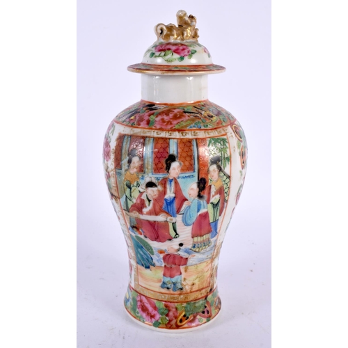 2146 - A 19TH CENTURY CHINESE CANTON FAMILLE ROSE VASE AND COVER Qing. 20cm high.