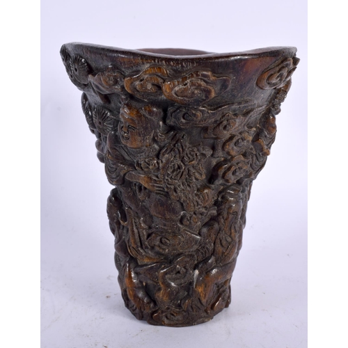 2159 - A CHINESE CARVED BUFFALO HORN TYPE LIBATION CUP 20th Century. 870 grams. 15cm x 12 cm.