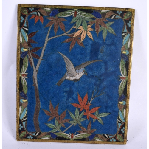 2185 - A RARE PAIR OF 19TH CENTURY JAPANESE MEIJI PERIOD CLOISONNE ENAMEL PLAQUES decorated with birds and ... 