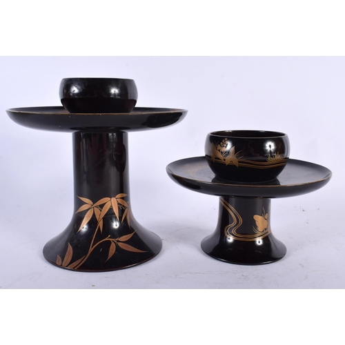 2186 - TWO FINE 19TH CENTURY JAPANESE MEIJI PERIOD BLACK AND GOLD LACQUER TEABOWL STANDS decorated with fol... 