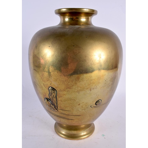 2198 - A 19TH CENTURY JAPANESE MEIJI PERIOD POLISHED BRONZE VASE decorated in relief with swimming carp. 27... 