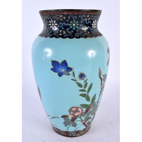 2202 - A 19TH CENTURY JAPANESE MEIJI PERIOD CLOISONNE ENAMEL VASE decorated with birds and flowers upon a b... 