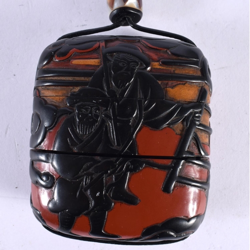 2203 - A RARE 19TH CENTURY JAPANESE MEIJI PERIOD NEGORO LACQUER THREE SECTION INRO carved with two farmers ... 