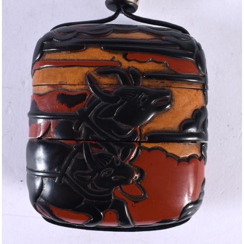 2203 - A RARE 19TH CENTURY JAPANESE MEIJI PERIOD NEGORO LACQUER THREE SECTION INRO carved with two farmers ... 