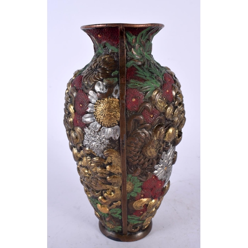 2206 - A 19TH CENTURY JAPANESE MEIJI PERIOD BRONZE ONLAID MIXED METAL VASE with painted decoration depictin... 