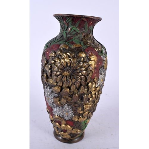 2206 - A 19TH CENTURY JAPANESE MEIJI PERIOD BRONZE ONLAID MIXED METAL VASE with painted decoration depictin... 