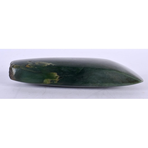 11 - A 19TH CENTURY NEW ZEALAND MAORI TRIBAL CARVED JADE ADZE BLADE of good colour, formed with angular l... 