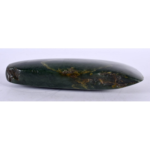 11 - A 19TH CENTURY NEW ZEALAND MAORI TRIBAL CARVED JADE ADZE BLADE of good colour, formed with angular l... 