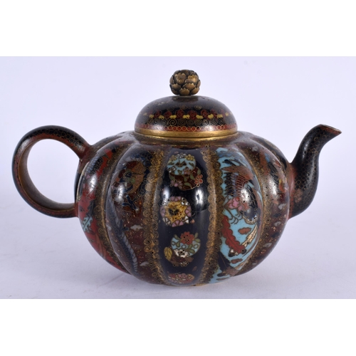 12 - A SMALL 19TH CENTURY JAPANESE MEIJI PERIOD CLOISONNE ENAMEL TEAPOT AND COVER of melon lobed form, de... 