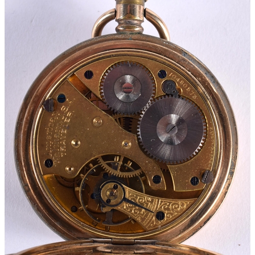 132 - AN ANTIQUE YELLOW METAL WALTHAM FULL HUNTER POCKET WATCH. 5.25 cm wide.