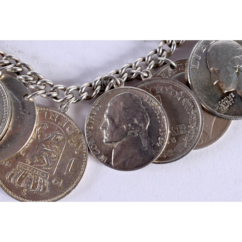 179 - A SILVER COIN BRACELET. 111.2 grams. 17.5 cm long.