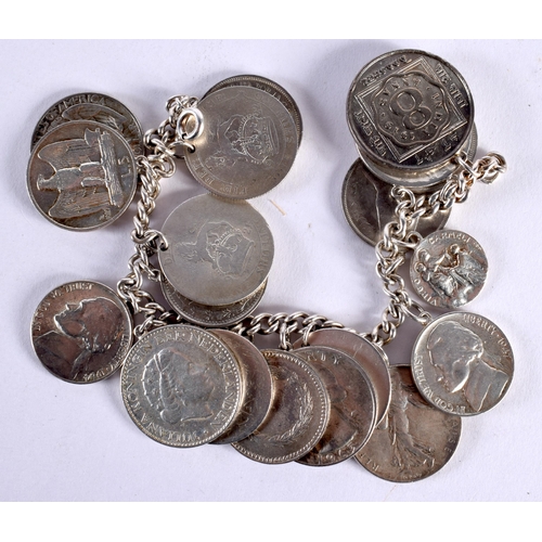 179 - A SILVER COIN BRACELET. 111.2 grams. 17.5 cm long.