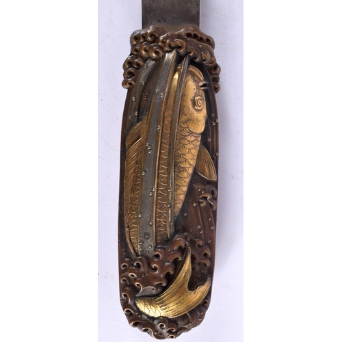 18 - A 19TH CENTURY JAPANESE MEIJI PERIOD MIXED METAL KNIFE the handle formed as carp under reeds, decora... 