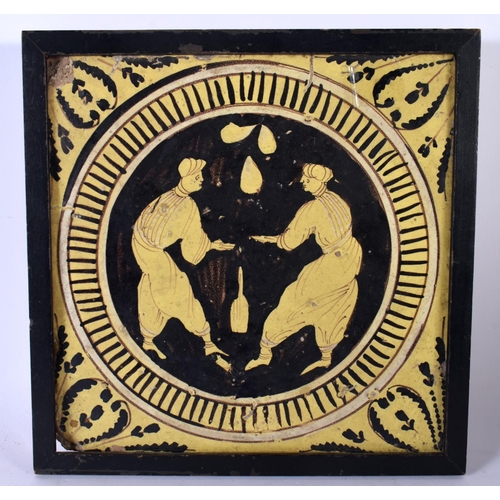 19 - AN 18TH/19TH CENTURY MIDDLE EASTERN ISLAMIC POTTERY TILE painted with two opposing males , flanked w... 