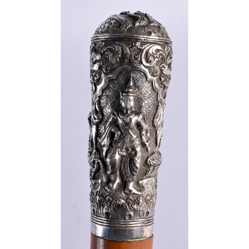 195 - A 19TH CENTURY CHINESE EXPORT SILVER MOUNTED WALKING CANE together with an Indian silver mounted can... 