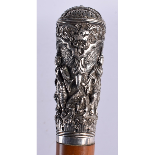 195 - A 19TH CENTURY CHINESE EXPORT SILVER MOUNTED WALKING CANE together with an Indian silver mounted can... 