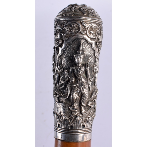 195 - A 19TH CENTURY CHINESE EXPORT SILVER MOUNTED WALKING CANE together with an Indian silver mounted can... 