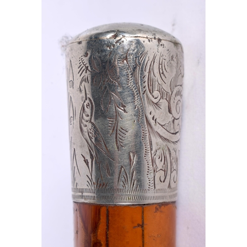 198 - A RARE ANTIQUE COMBINATION NOVELTY WHISTLE WALKING CANE the terminal engraved with birds in landscap... 