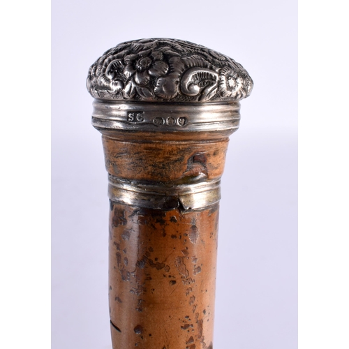 199 - A RARE VICTORIAN SILVER MOUNTED COMBINATION NOVELTY SAND TIMER WALKING CANE with repousse mounts. 80... 