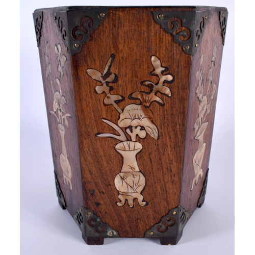 207 - A LATE 19TH CENTURY CHINESE MOTHER OF PEARL INLAID HARDWOOD BRUSH POT Qing. 19 cm x 15 cm.