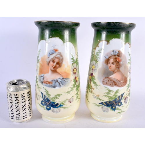 21 - A LARGE PAIR OF EARLY 20TH CENTURY CONTINENTAL GLASS VASES decorated with portraits of females, flan... 