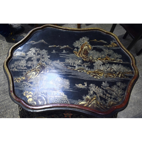 23 - A 19TH CENTURY CHINESE BLACK LACQUERED SCALLOPED TABLE Qing, painted with landscapes. 95 cm x 58 cm.