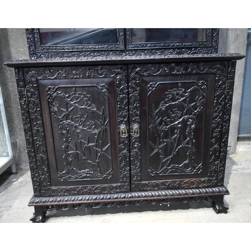 25B - A FINE LARGE 19TH CENTURY CHINESE CARVED HARDWOOD DISPLAY CASE ON BASE Qing, well carved with landsc... 