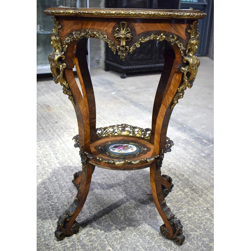 25 - A FINE 19TH CENTURY FRENCH SEVRES PORCELAIN INSET KINGWOOD AND WALNUT TABLE with bronze figural moun... 