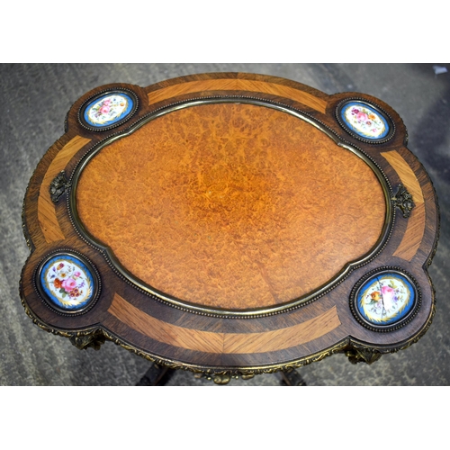 25 - A FINE 19TH CENTURY FRENCH SEVRES PORCELAIN INSET KINGWOOD AND WALNUT TABLE with bronze figural moun... 