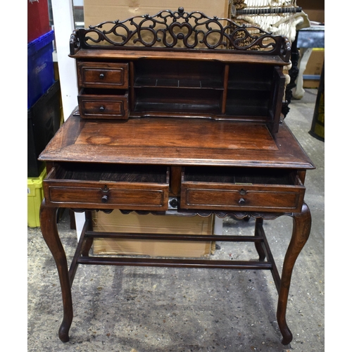 25H - A 19th Century Chinese hardwood two drawer desk with top shelf section and carved frieze gallery 121... 