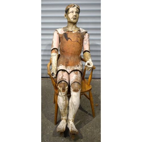 25I - A FINE AND RARE LARGE LIFE SIZED 19TH CENTURY PAINTED WOOD ARTISTS LAY DOLL with glass eyes, modelle... 