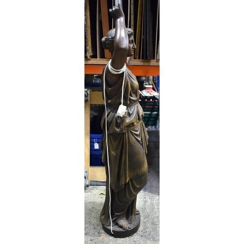 25J - A LARGE 19TH CENTURY HEAVY SPELTER BRONZED FIGURE OF A CLASSICAL FEMALE modelled with arms raised, u... 